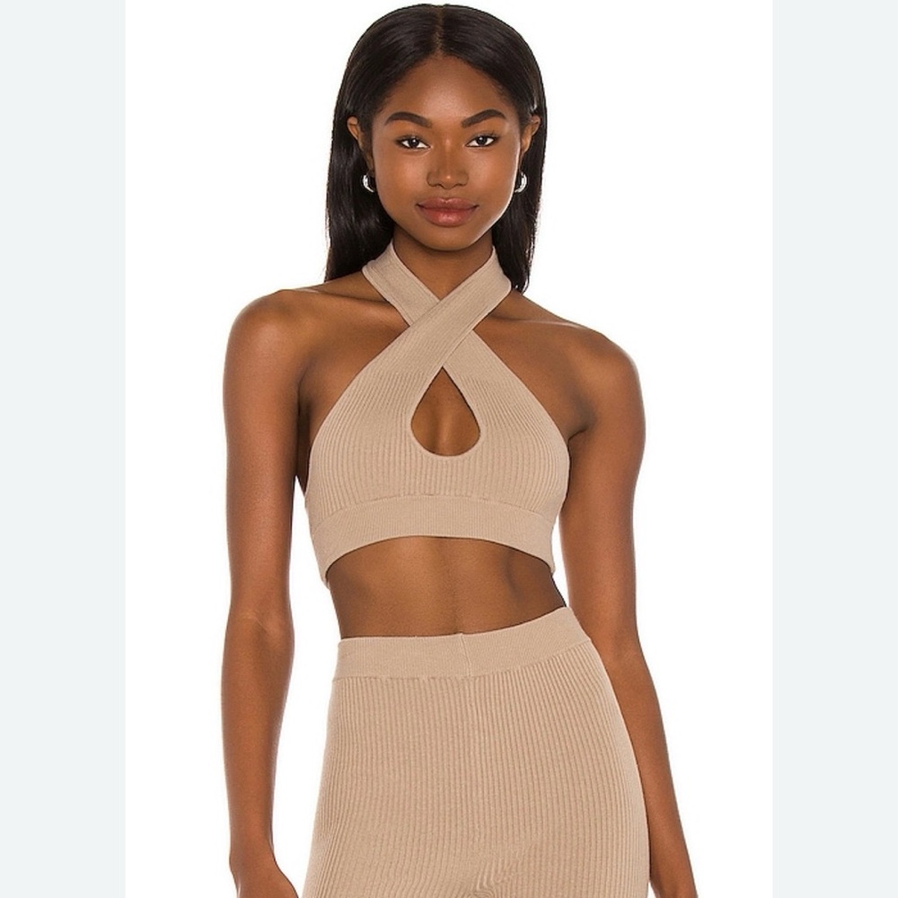 Beige Ribbed Cross-Neck Crop Top